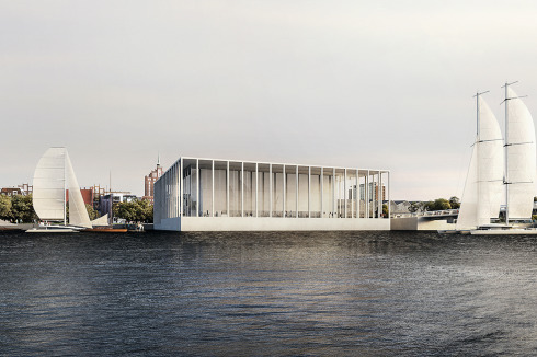 <strong>Anerkennung</strong> Barozzi Veiga wollen mit ihrem flachen Gebäude den Sichtbezug zwischen der Rostocker Hafensilhouette und dem Wasser wenig beeinträchtigen. Ein Säulengang und eine verglaste Fassade fassen das Museum.<br />