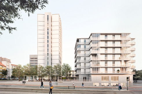 Vom Neubau zum Re-use: Die Gewoba hat das ehemalige Bundeswehrhochhaus erworben, das nun vonEM2N, Zürich/Berlin, zu Wohnungen, Büros und Geschäften umgebaut wird.<br />