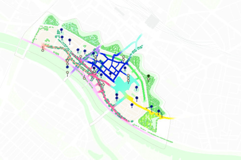 Linke Seite: zwei der drei Handlungsfelder. Das Feld „Nutzen und Erleben“ setzt auf die Durchmischung der Funktionen, das Stärken örtlicher Projekte und das Profilieren bestehender Quartiere, u.a. durch den Ausbau von Wohnraum, Kultur- und Freizeitangeboten. Das Feld „Verweilen und Begegnen“ zielt vor allem auf die Gestaltung und Belebung des öffentlichen Raums und der Erdgeschosse.<br />