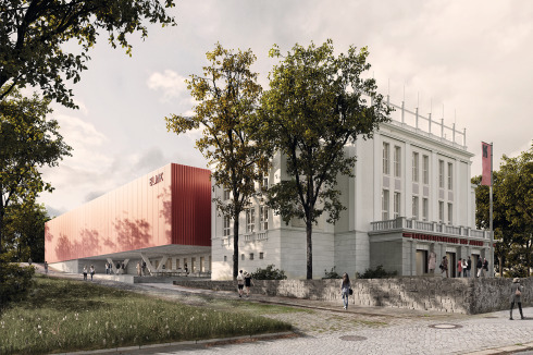 <strong>1. Preis</strong> Das Team um BHBVT Architekten aus Berlin platziert die Sammlung in einem signalroten, deutlich vom Altbau abgesetzten Ergänzungsbau. Zur Heilbronner Straße steht der sozialistische Empfangsbau als Eingangshalle des Museums.<br />