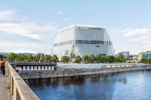 <strong>3. </strong><strong>Preis</strong> Bevk Perović stellte sich eine pyramidale Großform am Flusslauf vor, der Saal ist ähnlich großzügig wie das äußere Volumen. <br />