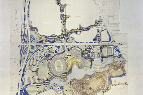 Der Plan aus dem Büro Günther Grzimek zeigt die Einbettung der Stadien in die Landschaft und die Verflechtung des Parks mit der umgebenden Stadt. <br />