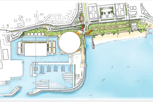 Plan des Areals mit neu anzulegendem Park jenseits der Flussmündung.<br />