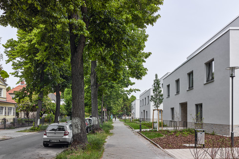 Neue Nachbarn: Abgestufte Volumen vermitteln die Neubebauung zu den freistehen-den Wohnhäusern an der Dessauer Straße. <br />