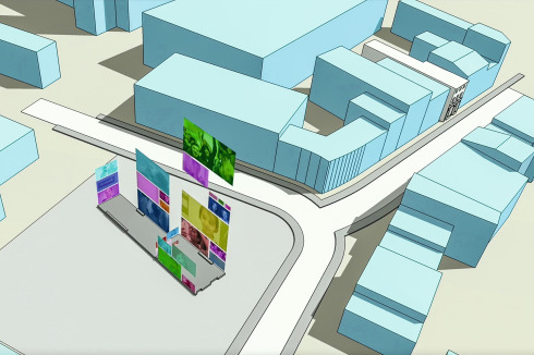 Das Fundament des Mahnmals soll verschiedenen Aktivitäten dienen: Als Tanzfläche, Skateplatz oder Treffpunkt der Bewohner. Mittels Augmented Real­ity erweitert sich die minimale Skulptur.<br />