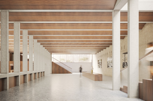 Blick ins unterirdisch gelegene Foyer. Die Organisa­­-tion der inneren Wege befand das Preisgericht für schlüssig, alles in Allem hielt sie den Beitrag für angemessen im Gleichgewicht von Zeichenhaftigkeit und Gelassenheit.<br />