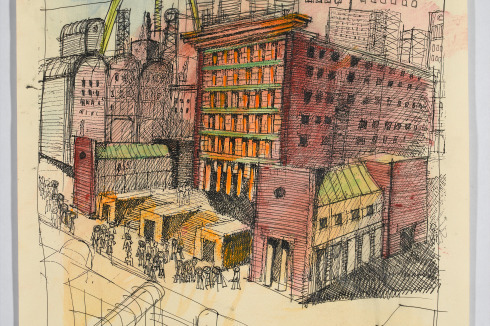 1987: <strong>Die große Baustelle von Fukuoka</strong> (Aquarell und Tinte auf Offsetdruck; 42 x 29,5 cm)<br />