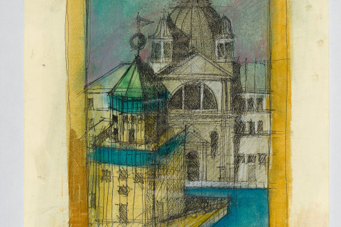 1987: <strong>Sonnenaufgang an der Giudecca mit dem Mondo-Theater 81. Venezianischer Rahmen</strong> (Aquarell und Pastellstift auf Offsetdruck; 42 x 29,5 cm)<br />