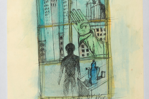 1987: <strong>Das Fenster des Dichters in N. Y. mit der Hand des Heiligen, er selbst und andere Situationen</strong> (Aquarell, Stift und Filzstift auf Offsetdruck; 42 x 29,5 cm)<br />
