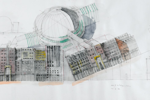 1995: <strong>Studie für die Leipziger Str. in Berlin</strong> (Aquarell, Tinte und Filzstift auf Papier; 62 x 124,2 cm)<br />