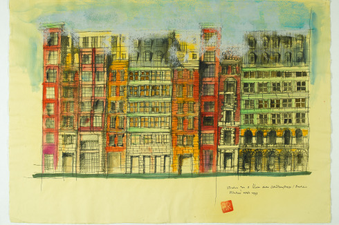 1993: <strong>Studie für den Block in der Schützenstraße/Berlin</strong> (Aquarell und Tinte auf Papier; 49,6 x 70,5 cm)<br />