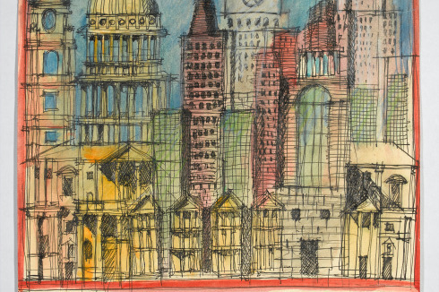 1987: <strong>Vertikale Stadt auch wie N. Y. mit meinem Projekt an der Wall Street von 1980 und die Kirche San Gaudenzio in Novara von Alessandro Antonelli</strong> (Aquarell und Filzstift auf Offsetdruck; 42 x 29,5 cm)<br />