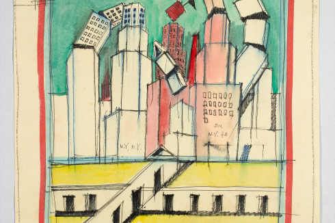 1987: <strong>Die persönlichen Zeiten und die einer Stadt</strong> (Aquarell, Filzstift und Tempera auf Offsetdruck; 42 x 29,5 cm)<br />