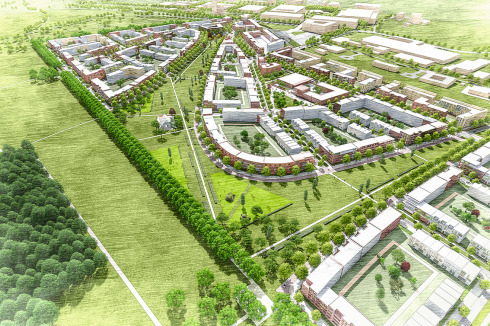 Blick auf den Quartiersbogen. Die Baumallee wurde zur Expo 2000 gepflanzt. Den Stadtpark planen Lohaus Carl Köhlmos.<br />