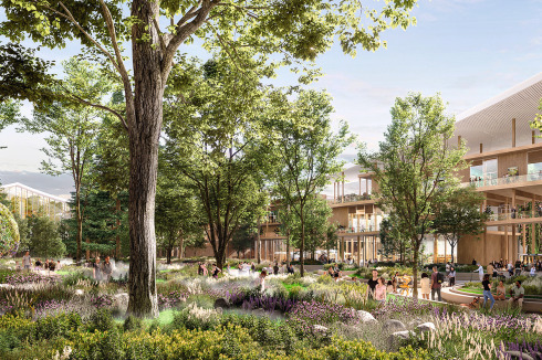 <strong>3. </strong><strong>Preis </strong>Herzog &amp; de Meuron platzieren einen „Nukleus“ auf ihrem Campus: Ein baldachinüberspann-tes Hofgebäude rahmt einen Garten in der Mitte. Die linearen Wohngebäude liegen strikt getrennt von den öffentlichen Strukturen (rechts außen).<br />