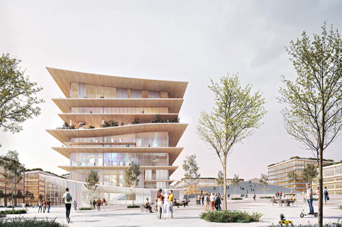 <strong>2. Preis</strong> wulf architekten schlagen konsequent Holzskelettbauweise vor. Markante Bauten wie Mobility-Hub und Kommunikationszentrum (kleines Bild) bilden Hochpunkte und sind somit Orientierungshilfen.<br />