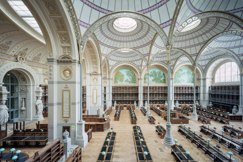 Labroustes Lesesaal von 1868. Unten rechts: der neu gestaltete Lesesaal für Theaterwissenschaft.<br />
