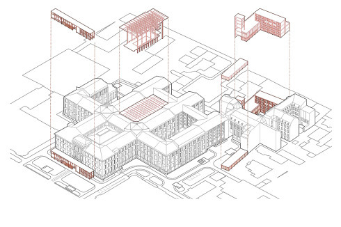 <strong>2. Preis</strong> Staab Architekten mit Levin Monsigny Landschaftsarchitekten stellen eine an ein Ausstellungsregal angelehnte Struktur vor den Eingangsbereich und überdecken einen Teil des Bestands. Im Gegensatz zur hochbaulichen Lösung ist das Freiraumkonzept sehr zurückhaltend.<br />