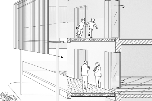 Auf dem Dach des Baukörpers sind Photovoltaik-Anlagen angebracht. Das händisch verschiebbare Metall-Mesh soll Sicht- und Sonnenschutz gewährleisten. Im Keller befindet sich ein Luftschutzraum.<br />