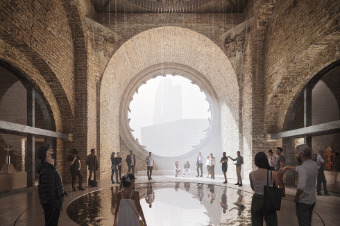 <strong>1. Preis</strong> Heneghan Peng Architects und Ralph Appelbaum Associates schlagen neben einem außen­seitigen Aufzug die Ertüchtigung der vorhandenen Wartungstreppen nach historischem Vorbild vor. Das Regenwasser fließt durch ein Rohrsystem ins Wasserbecken.<br />