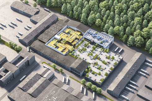 Das Gewerbegebiet grenzt im Süden an den Plainberg. Die Isometrie zeigt die umgenutzten Hallen und das neue Parkdeck.<br />