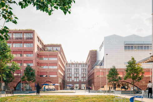 <strong>ein 3. Preis</strong> Staab Architekten und Levin Monsigny Landschaftsarchitekten setzen einen transparenten  „Leuchtkörper“ auf den sich zur Straße öffnenden Klinkersockel; das Foyer wird zur Stadtterrasse.<br />