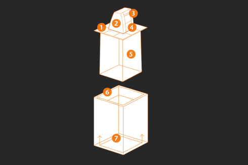 1 Fußgängerplattform<br />2 Einwurfsäule<br />3 Einwurfklappe<br />4 Revisionsöffnung für Techniker<br />5 Sammelbehälter<br />6 Betonschacht<br />7 Sicherheitsplattform, die beim Entleeren nach oben fährt<br />