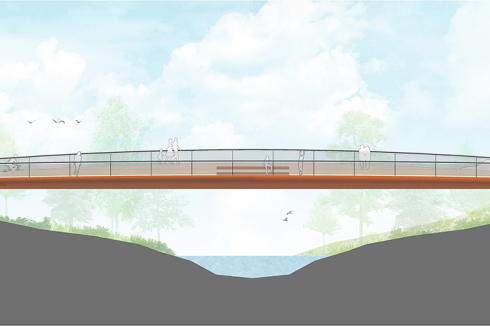 Der Brückentyp S-1 für PKW, Fuß- und Radverkehr soll nicht nur Funktionsbauwerk sein. Die Konstruktion der Trogbrücke ist einfach gehalten und strömungsgünstig geformt.<br />
