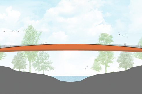 Die Geh- und Radweg­brücke des Typs G-1 ist als stählerne Trogbrücke kon­zipiert, deren hochgelegtes Tragwerk einen möglichst großen Durchflussquerschnitt gewährleisten soll.<br />