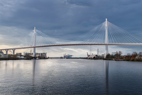 Von der Hamburg Port Authority in Auftrag gegebene Perspektive einer möglichen neuen Brücke über den Köhlbrand, März 2024.<br />