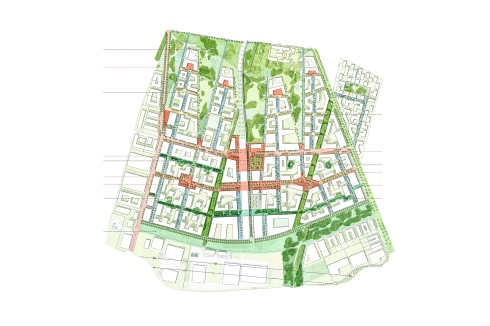 Aufgrund der besseren Erd­qualität im Norden verdichtet das Team das Quartier nach Süden, Feld und Stadt greifen fingerförmig ineinander.<br />