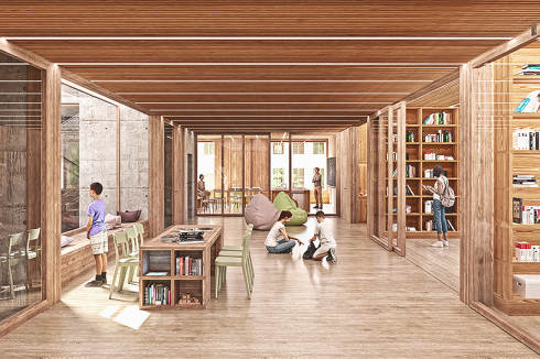 Die Clustermitte (Abbildung links) zwischen den Unterrichtsräumen in den Obergeschossen wird über ein Atrium belichtet. Auf dem Dach befindet sich ein Freiluftklassenzimmer (kleine Abbildung). Die Organistion bewertet die Jury als gelungen, bemängelt jedoch die große BGF, die nicht lesba-re Fassade und hinsichtlich Brandschutz einen zu hohen Anteil an Holzfassaden.<br />