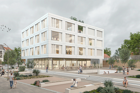 Der Schulhof verbindet Neubau und Bestand miteinander und schafft eine klare Achse zwischen den bei-den Gebäuden. Er liegt über Straßenniveau, wodurch eine klare Grenze entsteht.<br />