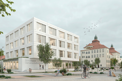 <strong><span class="Bold">1. Preis</span></strong> Code Unique Architekten und RSP Freiraum setzen dem angrenzenden Kulturdenkmal einen hellen Holzhybrid-Würfel mit Lochfassade gegenüber.<br />