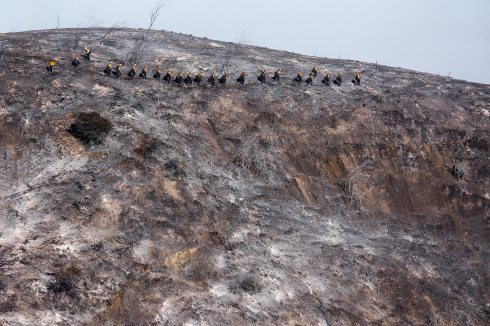 Handtrupps arbeiten 28. Ok- tober 2019 an einem verbrannten Hügel, während das Getty-Feuer im Kenter Canyon brennt.<br />