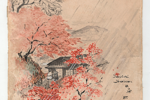 Bruno Taut: Tempel Shorinzan bei Takasaki, 1935,Zeichnung, Wasserfarbe und Tusche auf Karton<br />