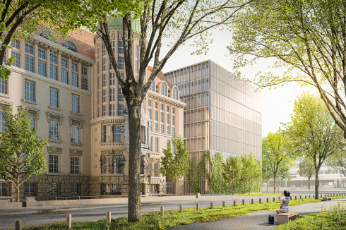 <span class="Bold"><strong>2. Preis</strong></span> AV1 Architekten haben ihr Archiv entlang der Curiestraße ebenfalls gestaffelt, jedoch mit einer Solarfassade umhüllt, die die Geschossigkeit andeutet.<span class="OffWhite"></span><br />