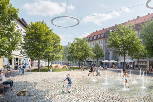 <strong><span class="Bold">3. Preis</span></strong> arbos aus Hamburg verfolgten ähnliche Ansätze wie die Erstplatzierten. Die Jury bewertete das „grünblaue Band“ aber als zu wenig ausgestaltet. Generell gelänge aber, auch durch die abgehängten Leuchten über dem Platz, eine sichtbare Abgrenzung zur Shoppingstraße.<span class="OffWhite"></span><span class="OffWhite"></span><br />