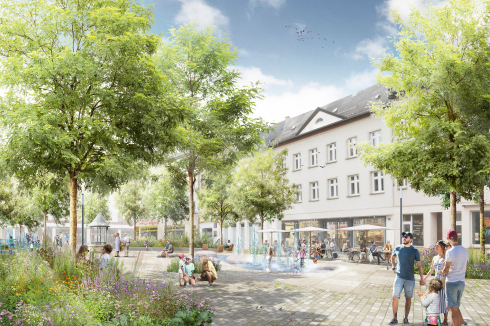 <strong>2. Preis</strong> Planorama aus Berlin planen einen Zschochern als Shared Space, also ohne ablesbare Autofahrbahn für den Liefer- und Anwohnerverkehr. Neupflanzungen sind an Trockenheit gewöhnte Arten.<br />