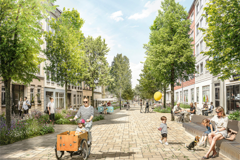 <strong>1. Preis</strong> Greenbox Landschaftsarchitekten aus Köln geben Zschochernstraße und -platz vor allem durch die einheitliche Farbgebung des Bodenbelags eine homogene Erscheinung. Auf dem Platz gibt es Angebote für das Zusammenkommen für Flaneure und Anwohnerinnen.<br />