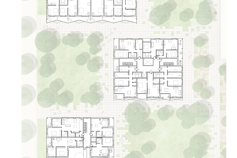 Drei Quartiersplätze, drei Pocketparks, fünf Spielplätze und  ein Gemeinschaftsgarten gliedern den Freiraum. Die Plätze bilden den Auftakt, während Park- und Spielplatzflächen sowohl an den Rändern wie auch zentral zwischen den Baukörpern liegen.<br />