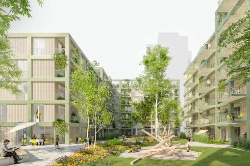 <strong>Einen 1. Preis</strong>  erhielt ebenfalls das Team aus Schaltraum Architekten und Schaar Landschaftsarchitekten. Zwei gegeneinander versetzte winkelförmige Baukörper umklammern einen grünen Hof, ein durchgängiger Block entsteht. Auf gestaffelten Höhen liegen grüne Dachterrassen. Die Öffnung der Figur erlaubt eine bessere Durchlüftung des Quartiers, die Jury lobte die „offene, einladende Anmutung“, die auch von den zu allen Seiten orientierten Loggien unterstützt wird. Die Freiräume sind mit bepflanzten und für Spiel und Aufenthalt gestalteten grünen „Schollen“ abwechslungsreich gestaltet.<br />