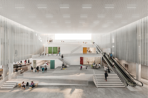 Vom Erdgeschoss bis ins 2. Obergeschoss entsteht durch Entnahme der inneren Tragkonstruktion ein öffentliches Atrium mit terrassierten Einbauten. „Interior Urbanism“ genannt, kompensiert dieser öffentliche Ort das Fehlen eines städtischen Vorplatzes, wie er für ein Konzerthaus dieses Kalibers eigentlich nötig wäre. <br />