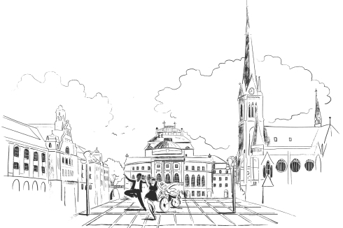Am Theaterplatz gruppieren sich links die Kunstsammlungen, frontal das Opernhaus und zur Rechten die Petrikirche.<br />