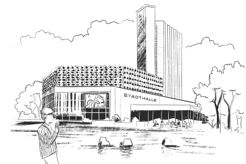 Stadthalle (vorn) und Congress Hotel (seinerzeit Interhotel „Kongreß“) sind Ikonen der DDR-Moderne im Stadtzentrum. Sie entstanden 1969 bzw. 1974 im Kollektiv Rudolf Weißer<br />