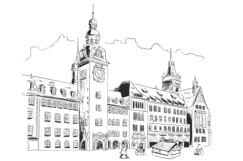 Die Rathäuser: Das Alte Rathaus (links) wurde Ende des 15. Jahrhunderts erbaut. Anfang des 20. Jahrhunderts ergänzte der Stadtbaurat Richard Möbius den Renaissancebau um das Neue Rathaus.<br />