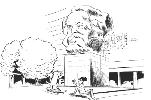 Das Karl-Marx-Monument „Dor Nischl“ (der Kopf) wurde 1971 eingeweiht. Es steht vor dem ehemaligen Haus der Staatsorgane mit dem Wandrelief „Proletarier aller Länder – vereinigt euch!“<br />