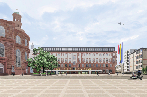 <strong><span class="Bold">Schulze Berger Architekten</span></strong> nutzen die gesamte Kämmerei für das Haus der Demokratie. Im Unterschied zu den anderen Arbeiten verlegen sie den Haupteingang an die Nordseite, zur Berliner Straße. Dort soll ein neuer „Platz der Demokratie“ entstehen.<br />