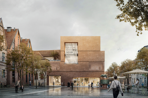 <strong>Ein 2. Preis: Rechteckigkeit mit Loggia <br /></strong>pape + pape, Kassel<br />Das Team platziert einen klaren Kubus mittig auf dem Grundstück. Mit dem überhohen Fenster zur Platzseite als museale Geste empfindet die Jury den Entwurf jedoch als „überzogen“.<br />