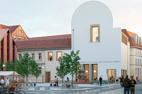 <strong>Ein 2. Preis: Der provokante Giebel<br /></strong>Wortmann Gork, Berlin<br /><br />Ein Blendgiebel in halbrunder Form, durchstoßen von einem Fenster – der Entwurf zitiert den Barock, fast ironisch, jedenfalls auffällig. Ob der Beitrag „fremdartig“ oder „angemessen für ein öffentliches Haus“ sei, diskutierte die Jury. Er könne in Konkurrenz mit den palladianischen Säulenbau am Marktplatz treten.<br />